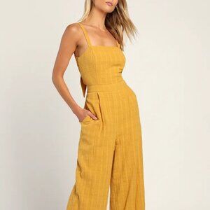 Used (Very Good) Lulu's Coastal Living Mustard Yellow Tie-Back Wide-Leg Jumpsuit